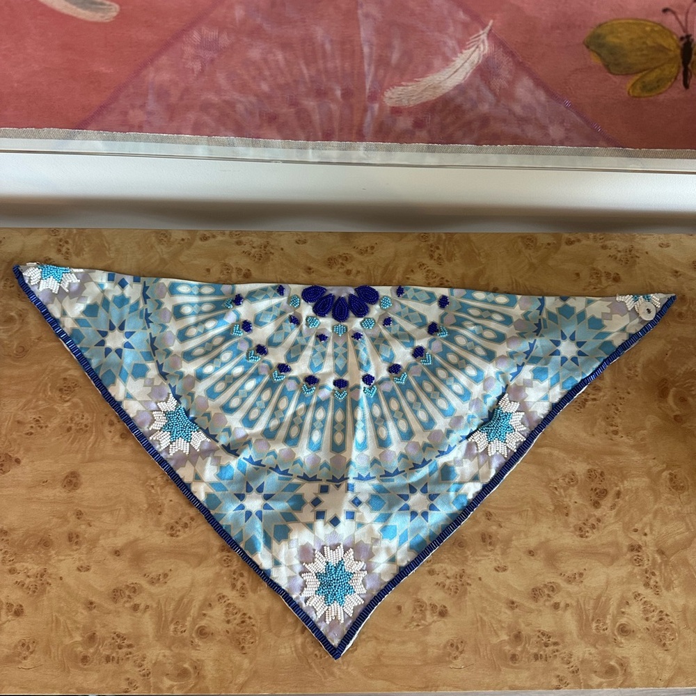 Elegant Blue and Cream Scarf Necklace with snap closure